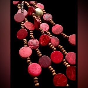Vintage 5 Strand Wooden & Metal Beaded Necklace Red & Brown Women’s Jewelry